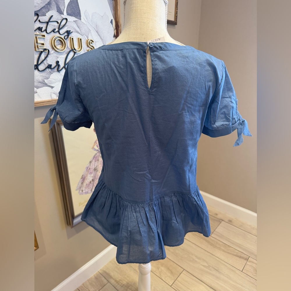 NWT! J.CREW Embroidered Tie-Sleeve Chambray Blue Peplum Top - Picture 5 of 8